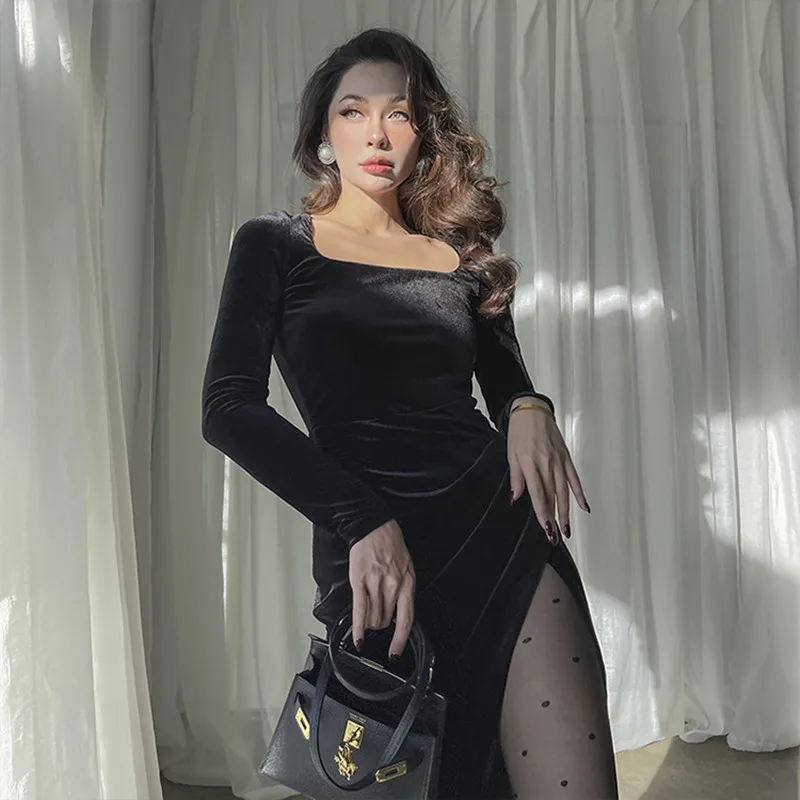 Chic Black Velvet Long Sleeve Thigh High Slit Dress Elegant Sexy Sheath Cocktail Party Bodycon Pencil Midi Dress