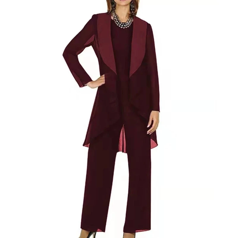 Burgundy Mother Of The Bride Dresses Sheath Chiffon With Jacket Pants Suit Long Groom Mother Dresses For Weddings Customized