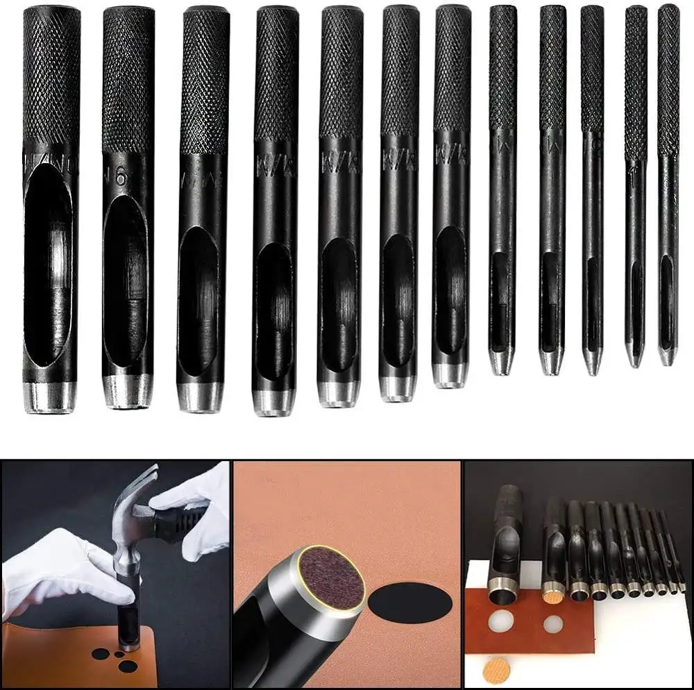 

LMDZ 12PCS Leather Hole Punch Cutter Round Steel Leather Craft Hollow Hole Punching Set for Leathercraft Work Accessories