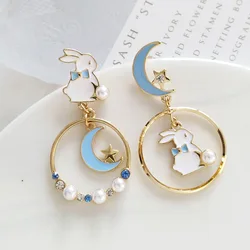 Cute Fashion Asymmetric Cat Rabbit Moon Star Stud Earrings For Women Girls Fan Flower Heart Fish Eardrop Wedding Dangle Jewelry