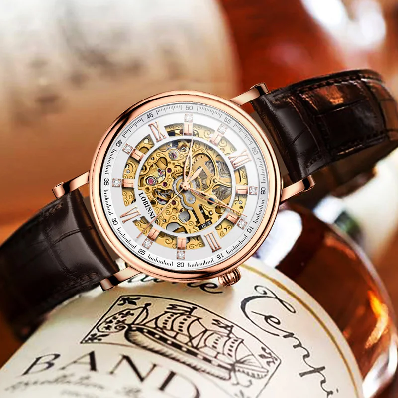 LOBINNI Orologi automatici da uomo d'affari vintage quadrante scheletrato orologi meccanici con cinturino in pelle marrone tono oro rosa