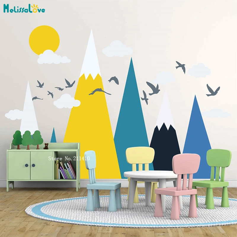 

Colorful Mountain Wall Stickers Clouds Birds Sun Landscape Kids Baby Room Décor Nursery Self-adhesive Decals Unique Gift YT5332