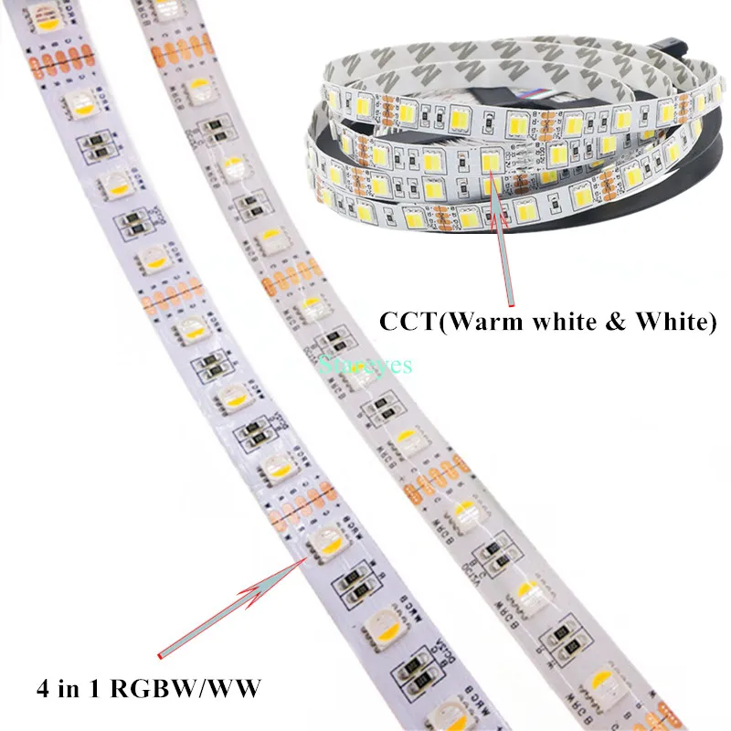 Tira de luces LED SMD 5050, cinta de luz CCT 4 en 1, 60LED/m, cc 12V, CC 24V, 5m, blanco cálido, RGB, RGBW, RGBWW, 5 en 1