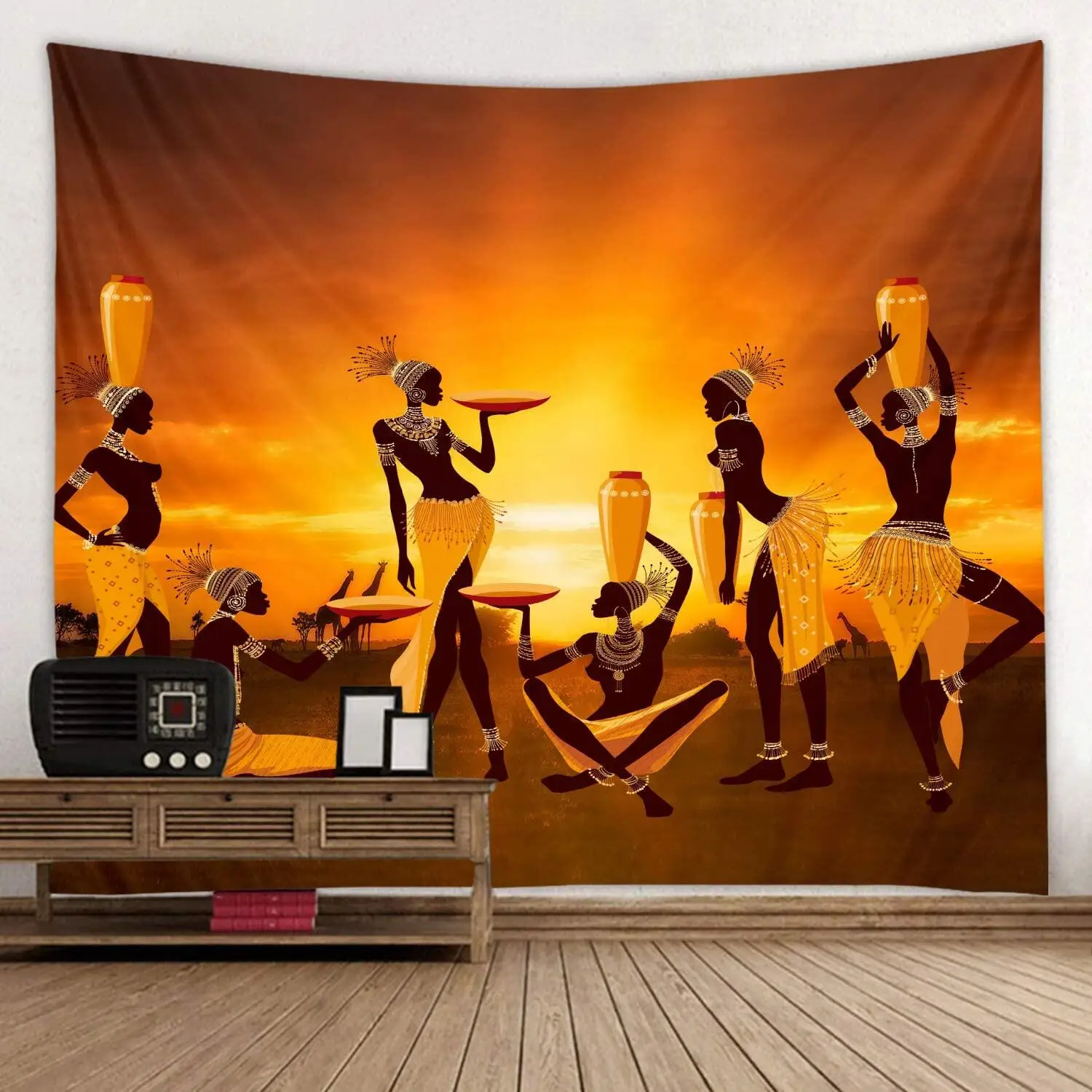 African Tribal Woman Printed Tapestry Dusk Rural Giraffe Retro Ethnic Fashion Wall Hanging Home Dorm Room Mural Tapestries Decor