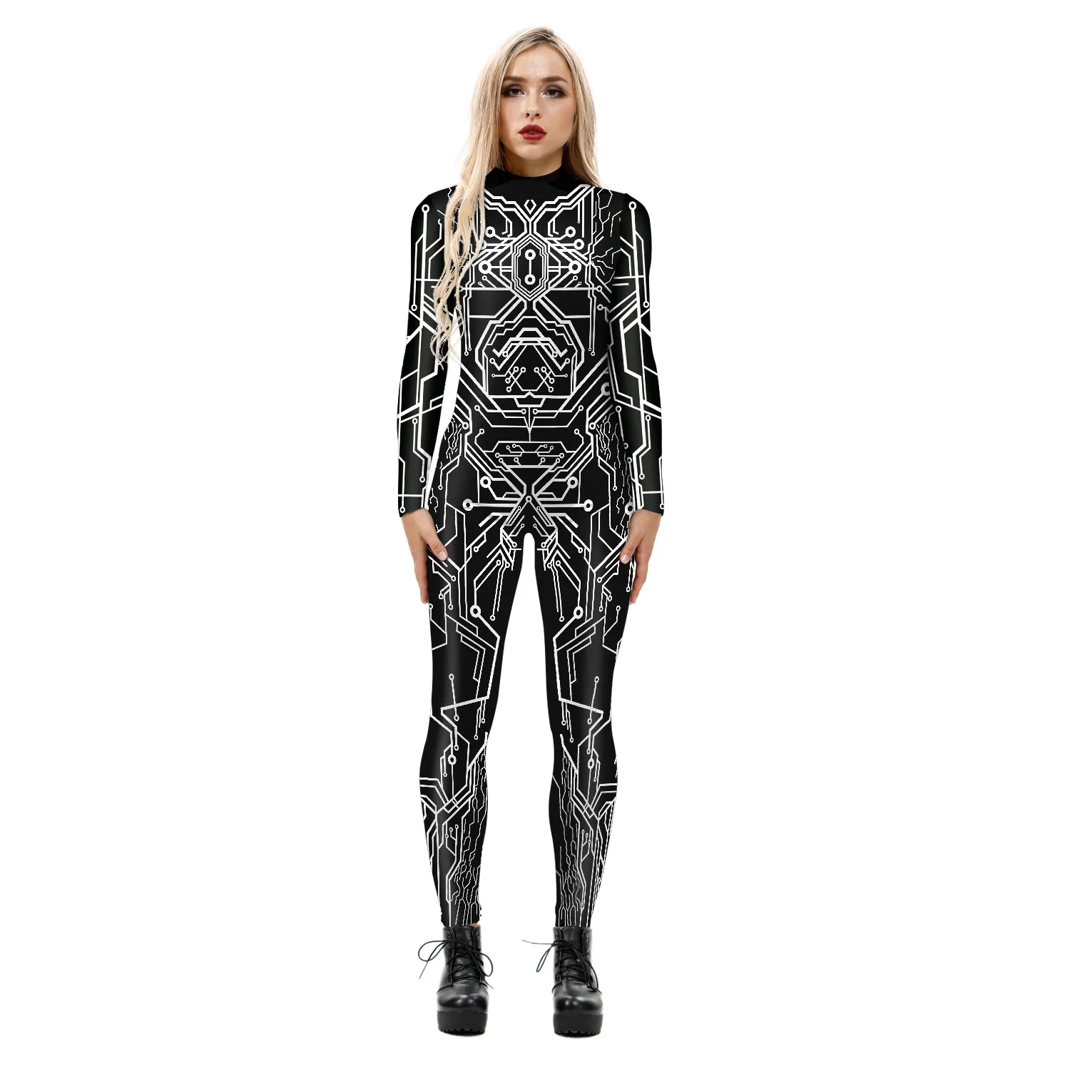 Adult Women Halloween Carnival Party Human Body Skeleton Cosplay Costume Zentai Long Sleeve 3D Digital Printing Bodysuit C42X49