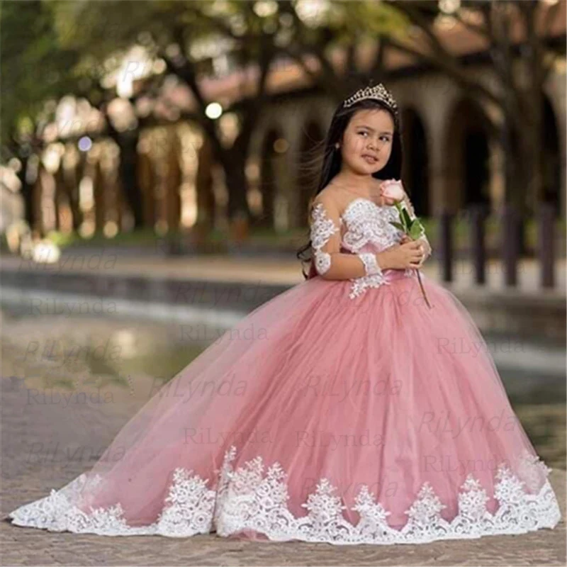 Vestido de encaje para niña, vestidos de flores para niña, manga larga, lazo de satén, Princesa, ilusión, vestido de fiesta de boda