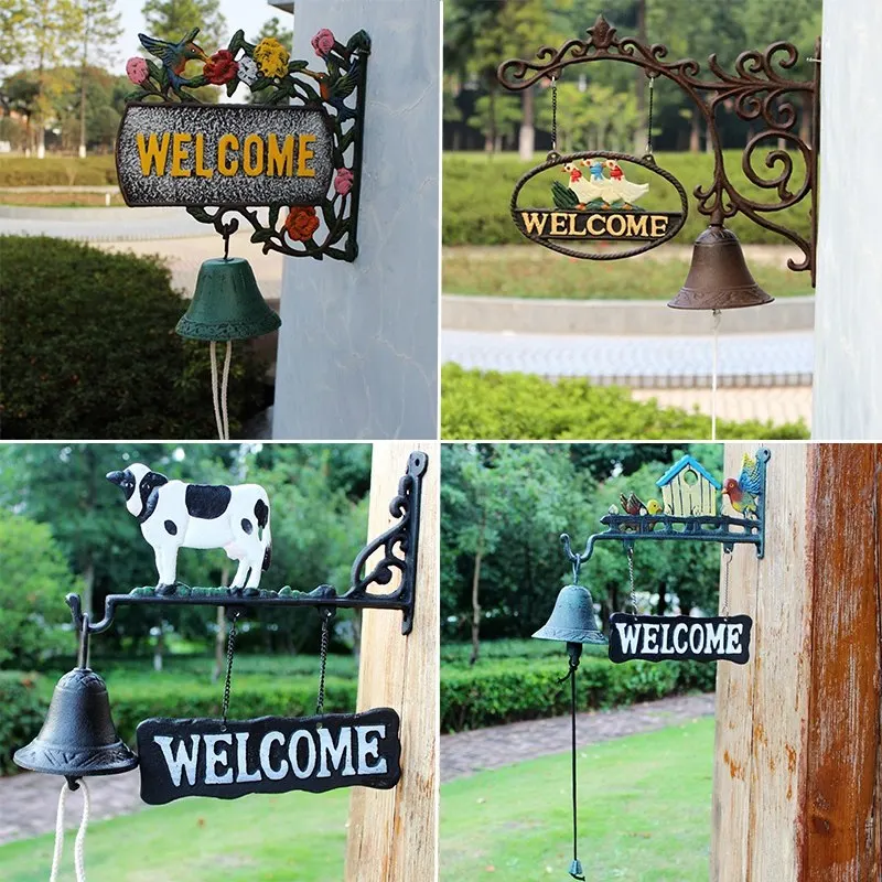 Nordic Country Retro Wrought Iron Welcome Doorbell Ornament Courtyard Garden Hand Bell Figurines Crafts Outdoor Villa Decoration