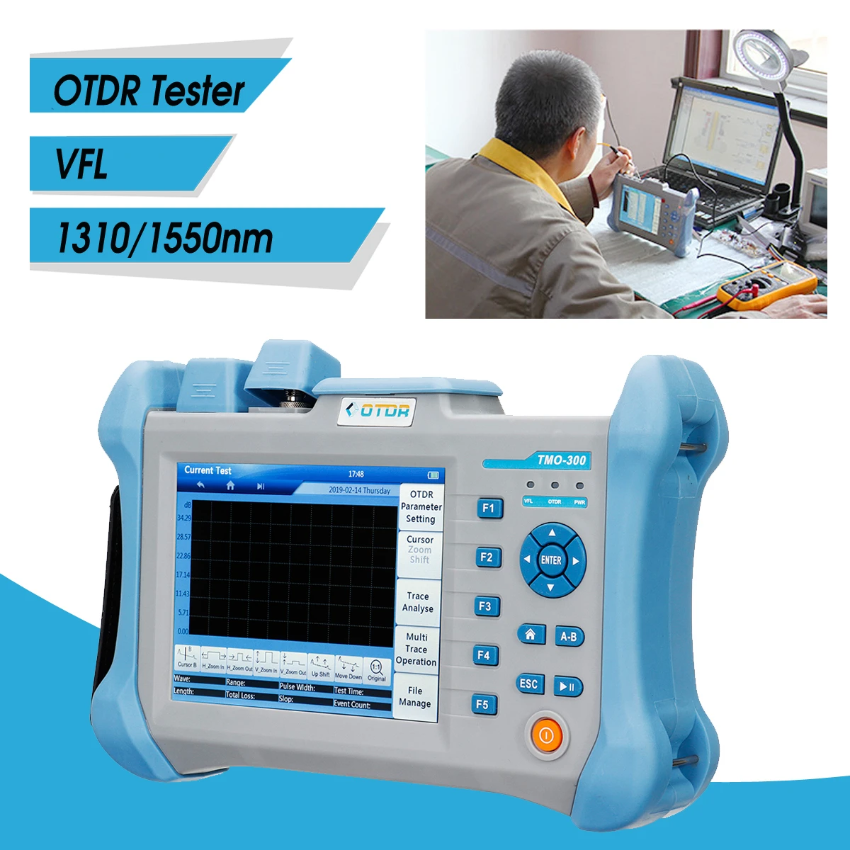 TMO-300 Compact OTDR Test Equipment 1310/1550nm 32/30dB Integrated VFL, Touch Screen Optical Time Domain Reflectometer VFL