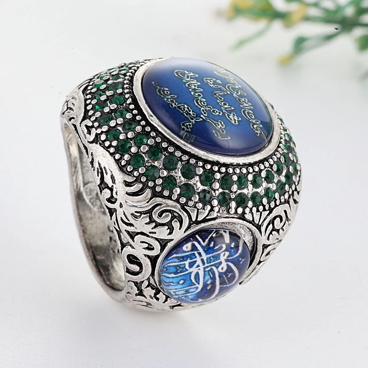 Exaggerated Turkish Handmade Men Lucky Stone Islamic Muslim Allah Ring  Silver Color Arabic Scripture