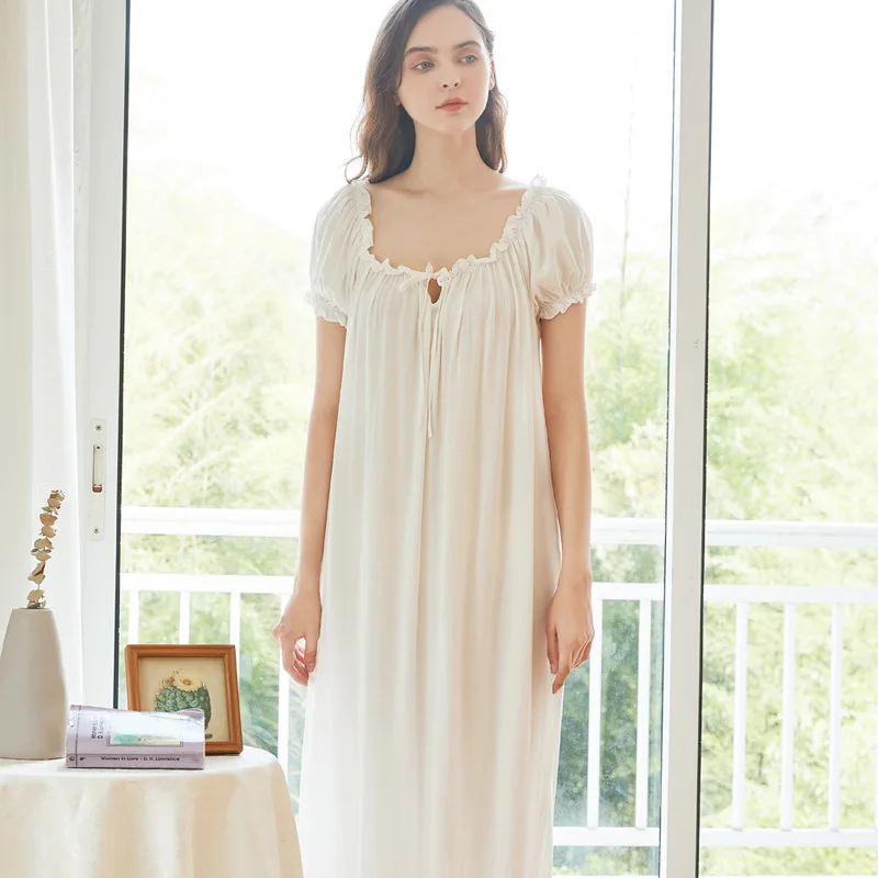 Women's Short-Sleeved Long Nightdress White Plus Size Loose Stretch Cotton Sleepwear Sexy Sleeping Dress Home Lace Night Gown