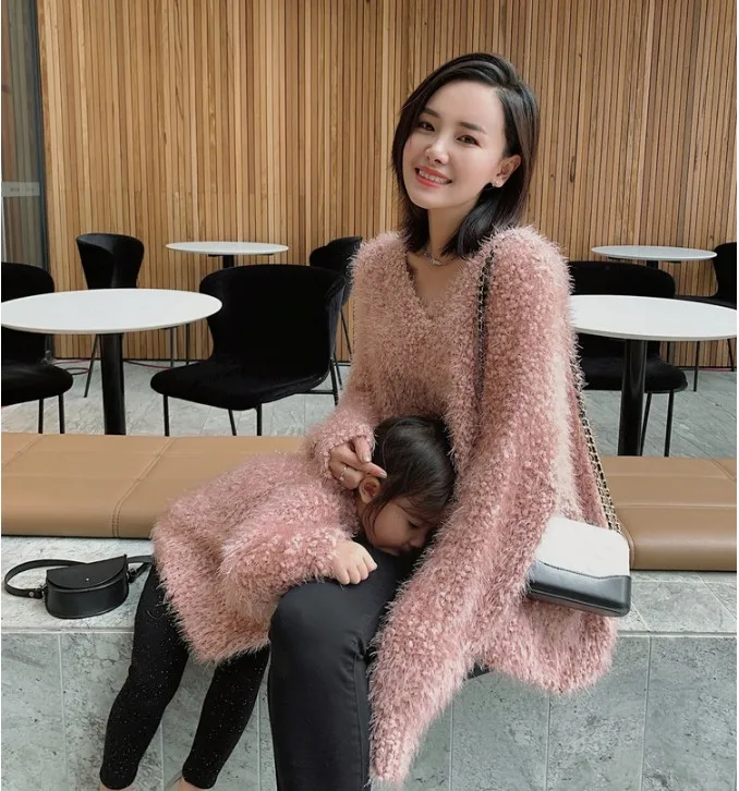 

Flash Plush Parent-Child Dress Foreign Style Sweater Autumn Winter Girls Lazy Wind Loose Sweater Outer Wear Family Clothes P347