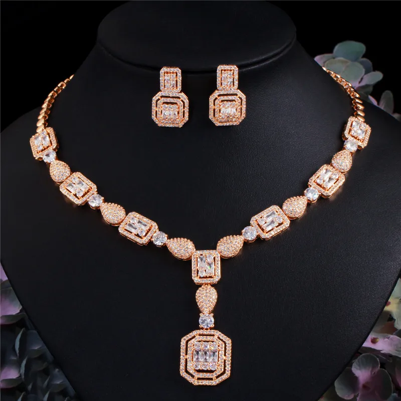 CC Bridal Jewelry Sets African Wedding Necklace Earrings Elegant Rhinestone Geometric Shape Luxury Party Bijoux Pendant T0179