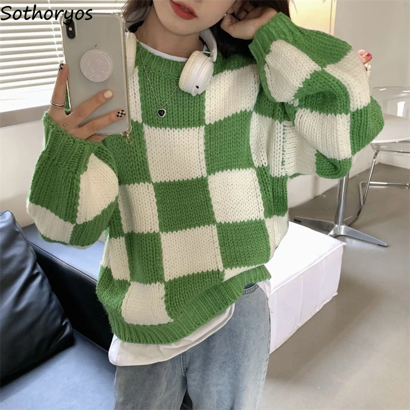 

Checkered Pullovers Women Panelled Plaid Sweaters Green Baggy Warm Knitting Jumpers O-neck Harajuku Chic Street Winter Korean BF