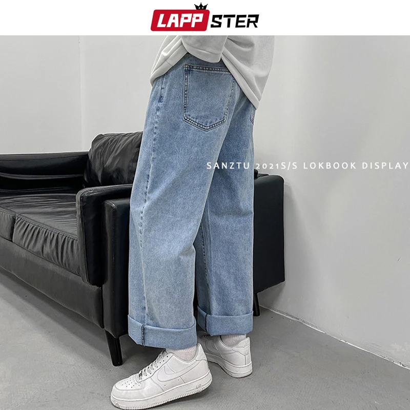 LAPPSTER Men Korean Streetwear Wide Legs Baggy Jeans 2023 Mens Autumn Harajuku Vintage Blue Denim Pants Male Casual Cargo Pants