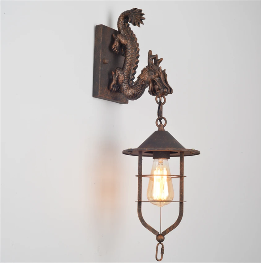 Vintage Dragon Shaped Carved Resin Wall Lamps Industrial Bar Aisle Antique Bedroom Wall Sconces Lights Living Room Deco Lighting