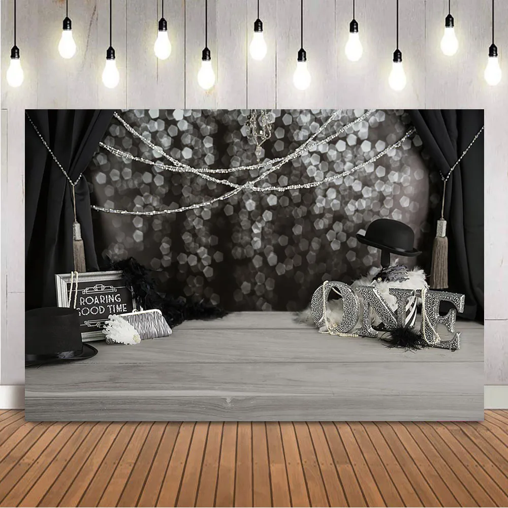 طافوا الوقت المناسب 1st عيد ميلاد خلفية الأطفال حديثي الولادة صورة خلفية بوكيه بريق أسود Curtrain الرجل الصغير