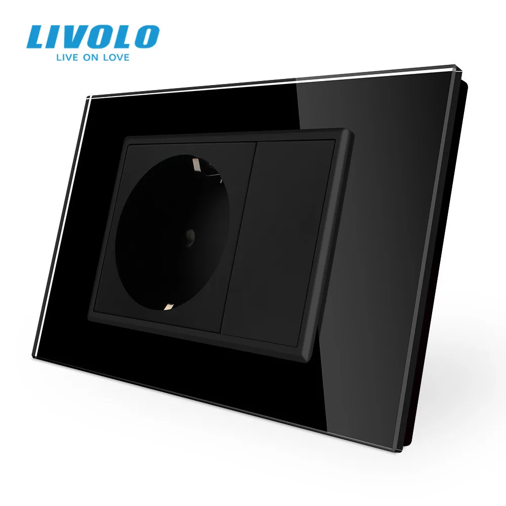 Livolo EU  Power Socket, White/Black Crystal Glass Panel, AC 110~250V 16A Wall Power Socket, VL-C9C1EU-11/12