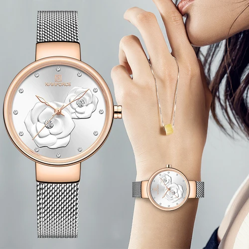 Imagen 2 del producto Reloj de mujer NAVIFORCE, marca de lujo, malla de acero, relojes impermeables para mujer, reloj de pulsera de cuarzo con flores para mujer, reloj encantador para chica