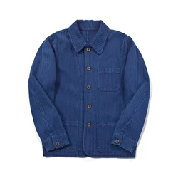 Fashion Plant Blue Dyed Jacket Men French Cargo Coat Single-breasted Retro Long-sleeved Indigo Jacket with Pocket Men's Workwear