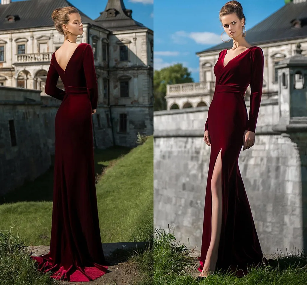 Abito da sera Vintage bordeaux/verde con scollo a v maniche lunghe abito da ballo in velluto abito da sera Dubai musulmano Robe De Soiree abiti