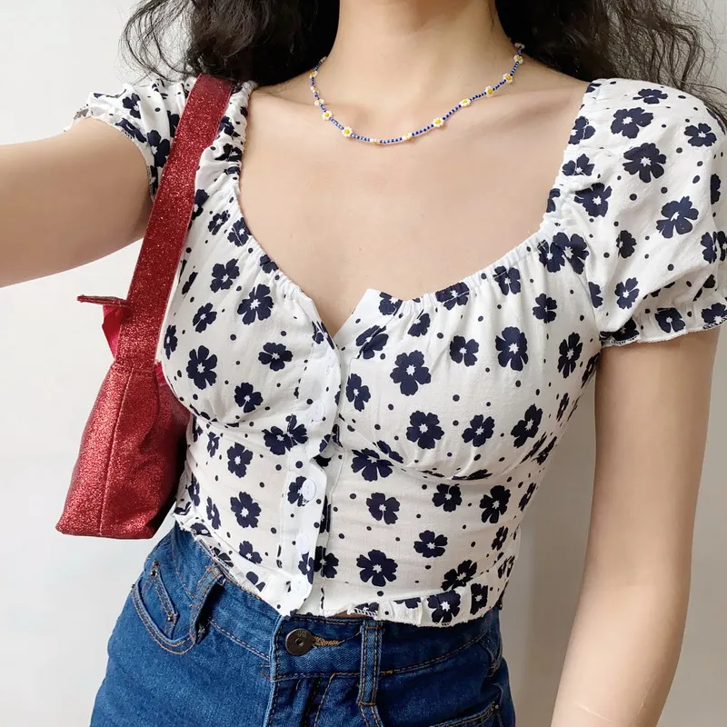 Square Neck Floral Pink Blouse Short Sleeve Crop Top Women Fashion Cropped Bustier Top Summer Vintage Shirt Puff Sleeve Blouses