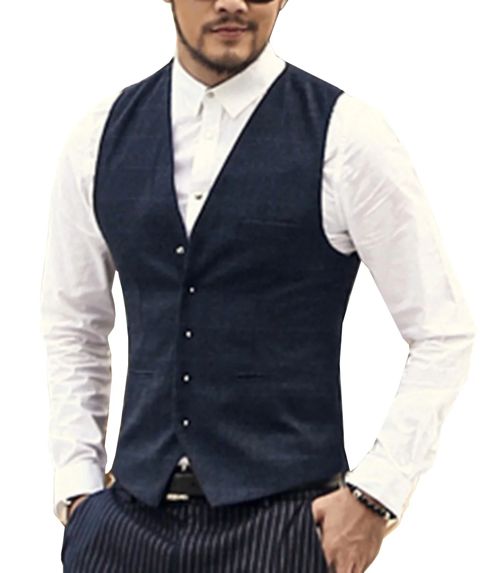 Tweed masculino terno colete xadrez pescoço lã marrom único breasted fino ajuste casual negócios noivo colete para casamento melhor homem