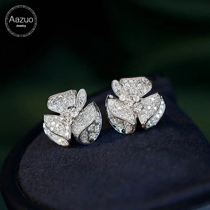 Aazuo Real 18K White Gold Real Diamonds 0.60ct Fairy Skirt  Flower Stud Earrings gifted for Women Engagement Wedding Party Au750