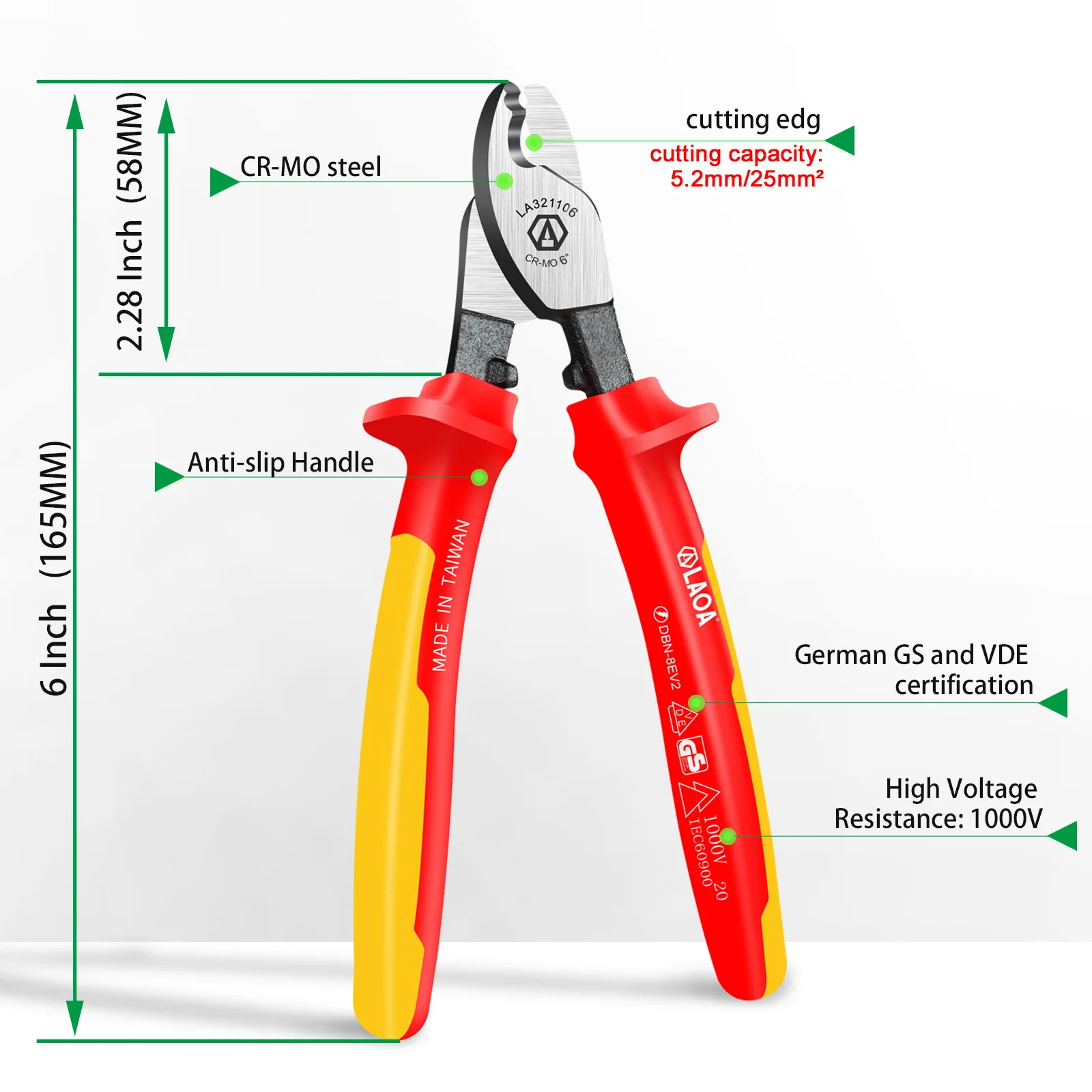 Laoa-絶縁ケーブルカッター、電気技師のShears、プライヤーはさみ、カットモカッティングツール、german認証、1000v