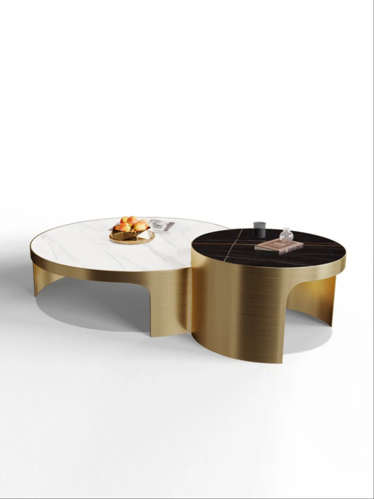 

Tea table TV cabinet combination light luxury round double-layer combination marble tea table