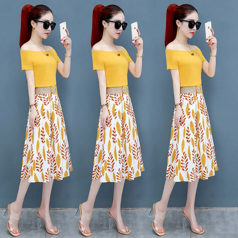 

Women Summer T Shirt 2-piece Set Off shoulder Basic Tees+High Waist Leaf Print Skirt Sets Fashion Suit With Free Braided Belt