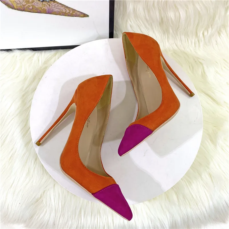 Ke Shang Jia Orange Roes Patchwork Women Flock Pointy Toe 8-12cm High Heel Shoes Faux Suede Elegant Stiletto Pumps Size33-46