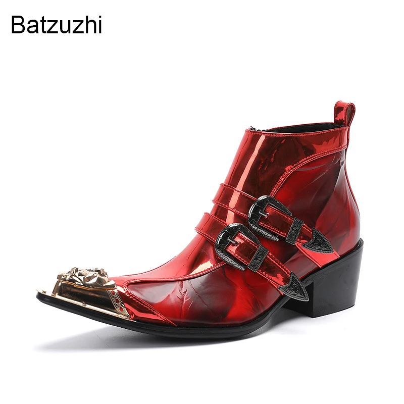 Batzuzhi Punk Men's Shoes Boots Pointed Metal Head Red Leather Ankle Boots for Men Red Party and Wedding Boots Buckles, 38-46