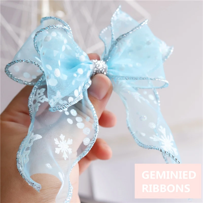 10 Yards Light Blue Organza Wave Ribbon With Snow Prints For Christmas Deco Hair Accessories Crafts Deco 2020 New