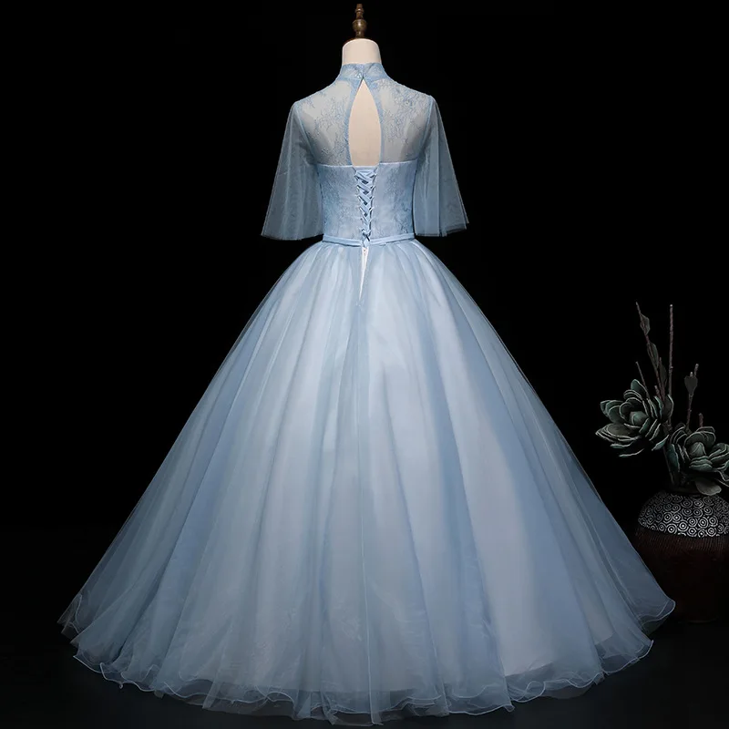 2021 frühjahr Hohe Ansatz Halbe Kappe Hülse Quinceanera Kleider Illusion Prinzessin Studio Foto 3D Blume Spitze Stickerei Ballkleid