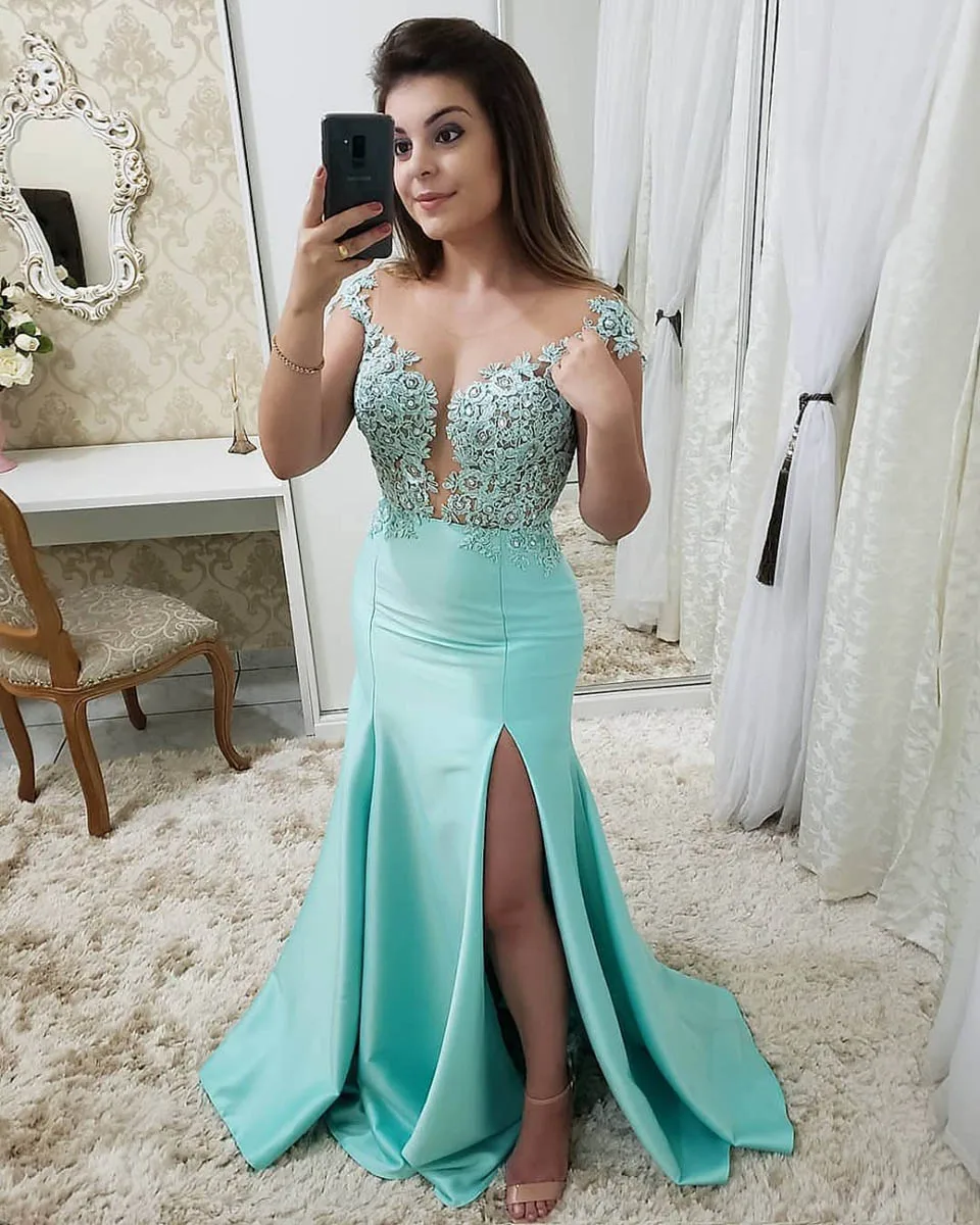 Mermaid Ball Gown Prom Party Gown Thigh-High Slits Illusion Jewel Sleeveless Formal Dresses Elastic Satin Applique Evening Dress