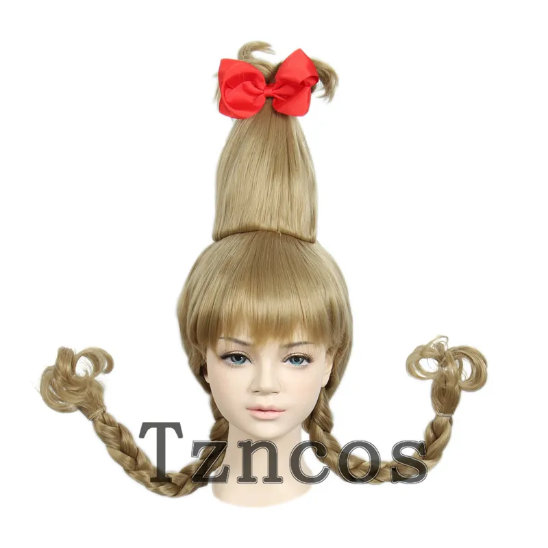 

Tzncos Cindy Long Light Brown Wig with Red Bow Wigs For Kids Heat Resistant Synthetic Hair Who