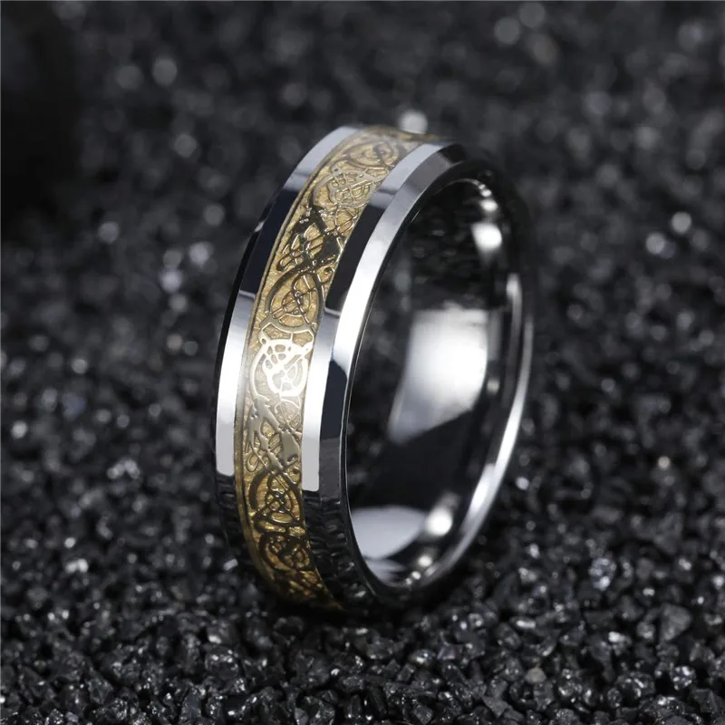 Somen Ring Men Real Tungsten Ring 6mm/8mm Gold Celtic Dragon Polished Engagement Rings Wedding Band Fashion Party Men Jewelry