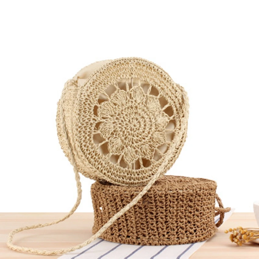 

College style new summer round shoulder vacation beach bag straw bag hollow knit round cake women bag