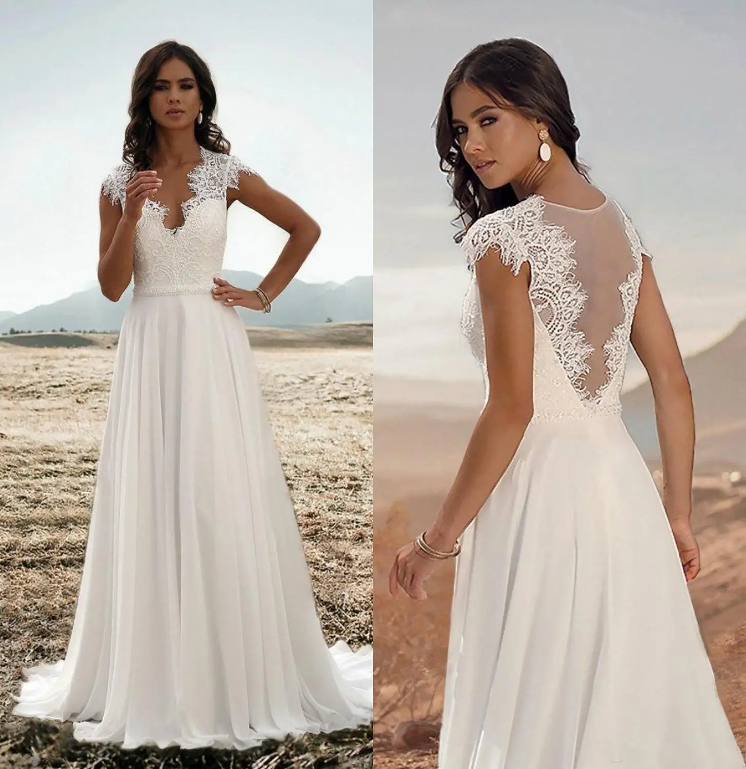 Vestidos de novia bohemios con cuello en V, gasa de encaje, manga de casquillo, faja, vestido de boda bohemio, tren de barrido, vestidos de novia baratos, 2020