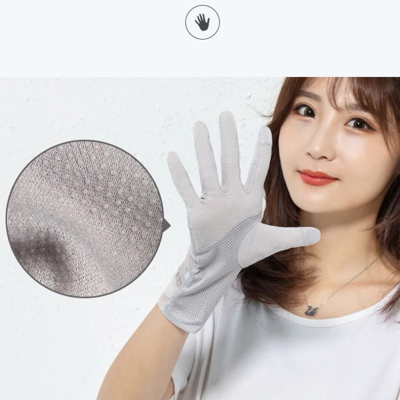 Spitze Sonnenschutz Handschuhe Sommer Frauen Sexy Eis Seide Nicht-Slip Touchscreen Atmungs Dünne Mid-Länge Elegante Perle blume Bogen TK31