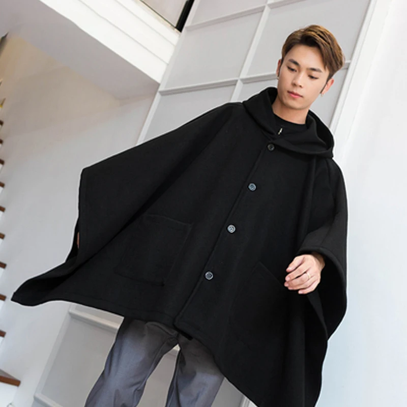 Loose mid-length single-breasted autumn and winter woolen coat hooded cloak coat male dark shawl cloak hip hop