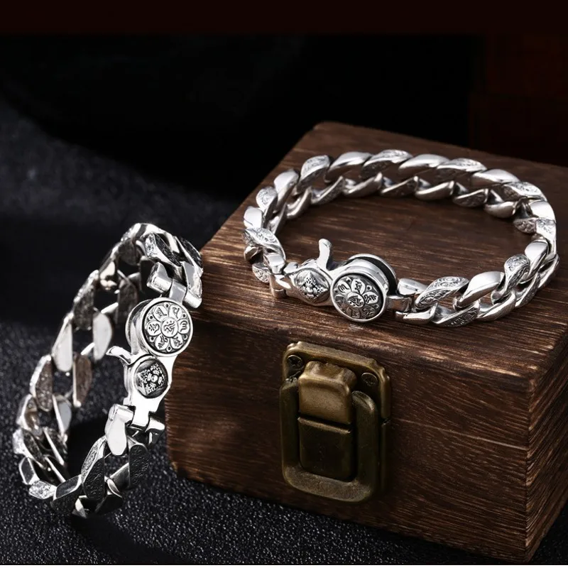 New Real S925 Silver Jewelry Personality Trend Rotatable Six-character Mantra Good Luck Man Bracelet Thick Style Vintage