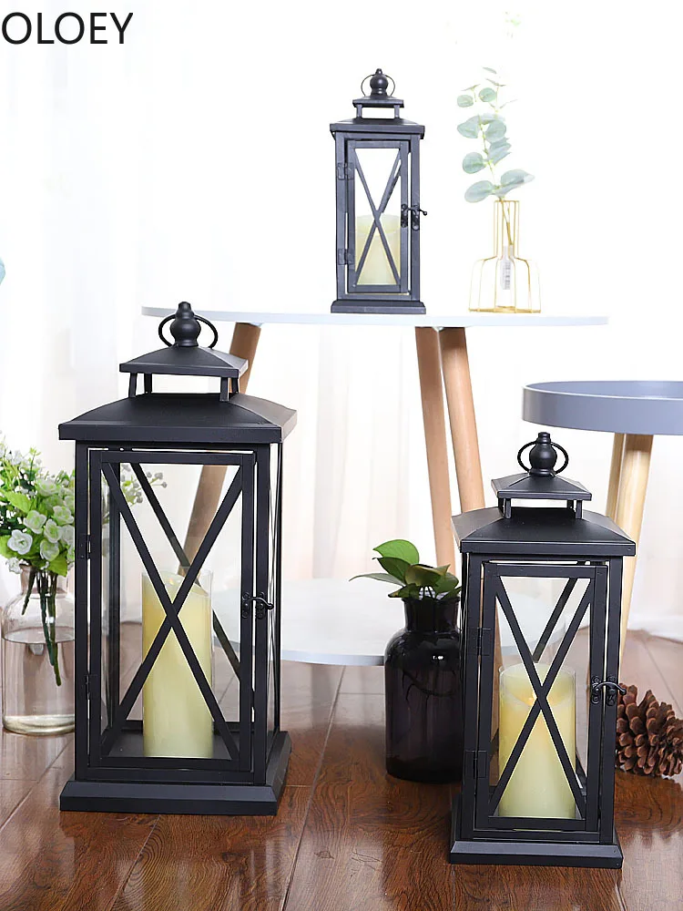 Large Glass Candle Holders Wedding Decorations Garden Black European Lamp Retro Iron Candle Holder Lantern Outdoor Christmas New