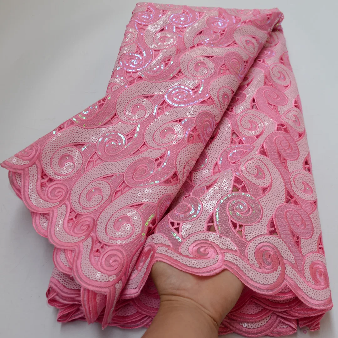 (5yards/pc) Beautiful Nigerian party lace high grade pink African handcut organza lace fabric with sequins embroidery OP168