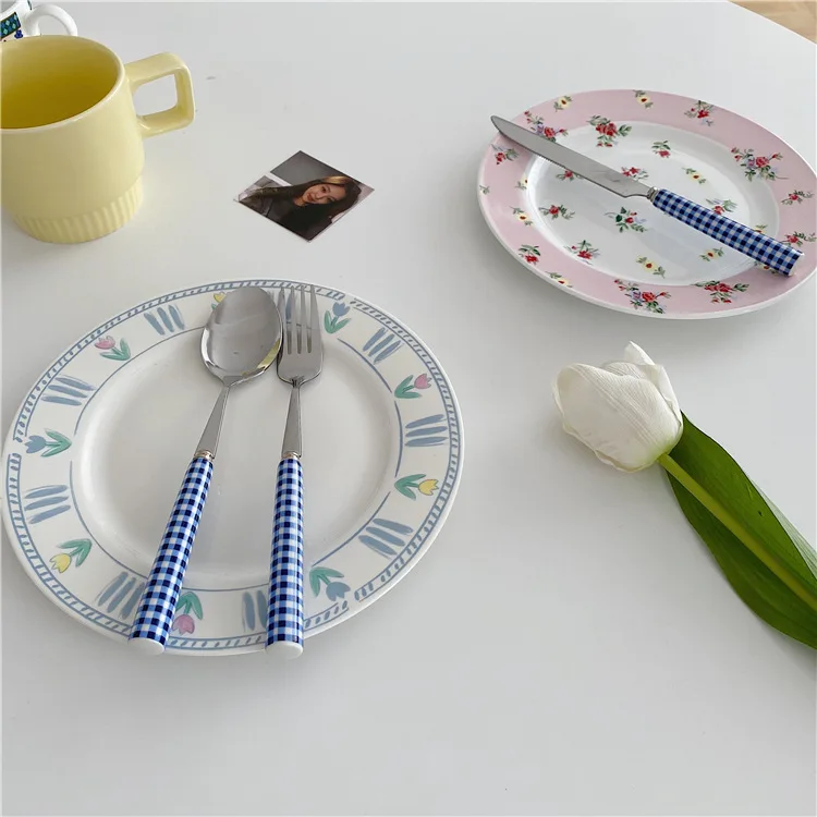 Tableware Dessert Steak Plaid Stainless Steel Ceramic Glossy Blue Red Checked Ceramic Handle Knife Fork Spoon Kitchen Dinnerware