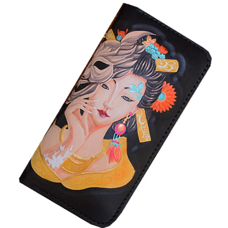 Handmade Genuine Leather Portrait Of A Lady Wallets Cartoon Purses Men Long Clutch Vegetable Tanned Leather Card Holder