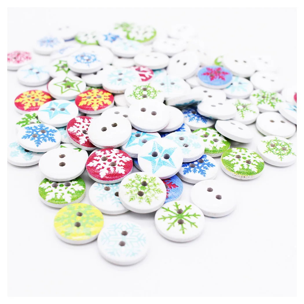 

15mm Christmas Buttons For Sewing Crafts Scrapbooking Christmas Wood Buttons Snowflake Printed Accessories 100 Pcs