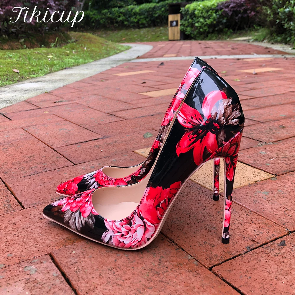 Tikicup Women Glossy Floral Printed Pointed Toe High Heels 8cm 10cm 12cm Ladies Party Dress Shoes Sexy Patent Stiletto Pumps