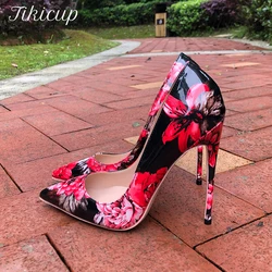 Tikicup donna Gloossy stampa floreale punta a punta tacchi alti 8cm 10cm 12cm scarpe eleganti da festa da donna décolleté con tacco a spillo in vernice Sexy