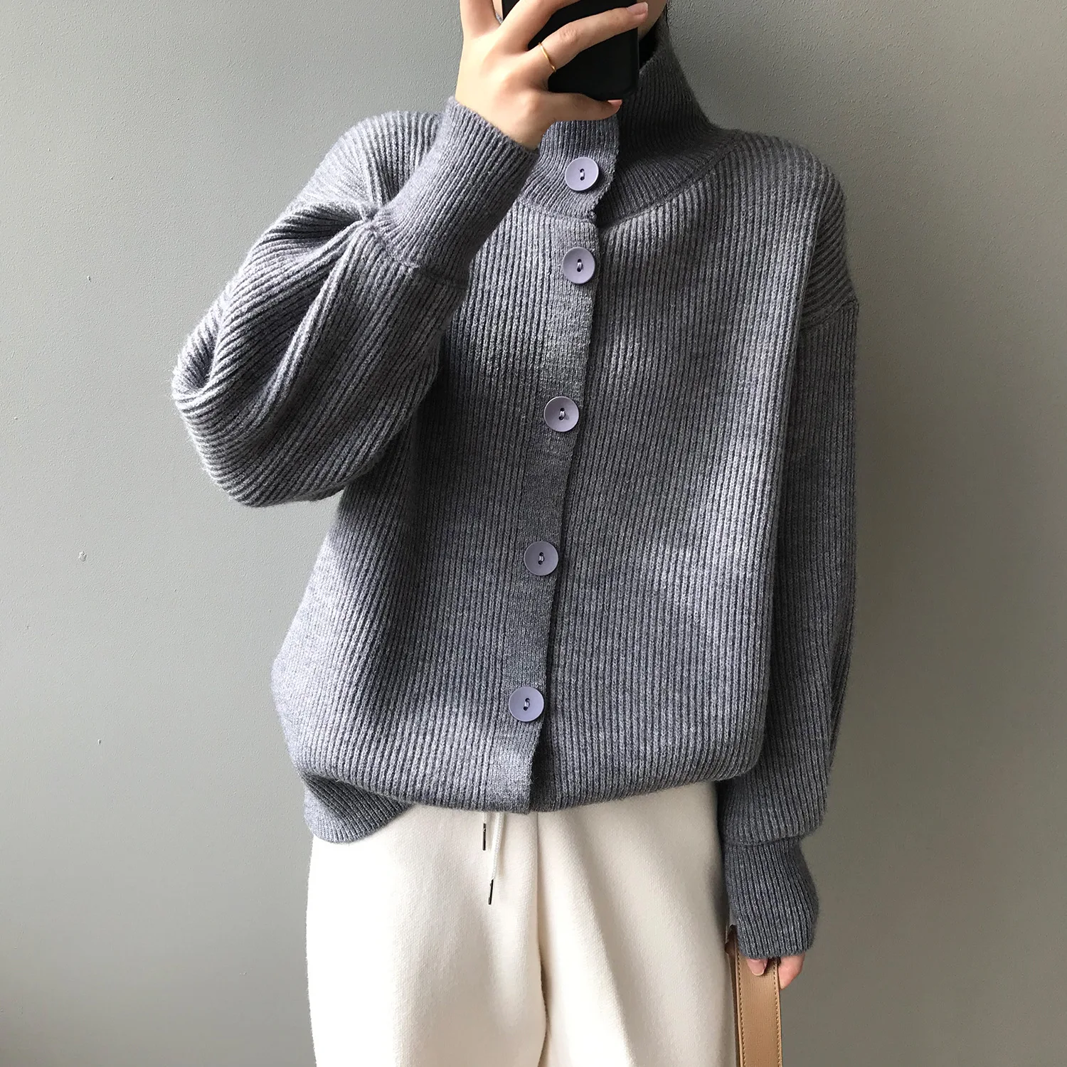 Hirsionsan Turtle Neck Autumn Winter Cardigan Sweaters Women Cashmere Single-breasted Soft Loose Solid Female Knited Jumper